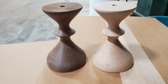 Turned lamp bases made from laminated walnut and hard maple.
