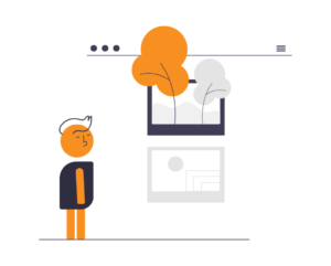 Stylized illustration of a person viewing a digital photo gallery with tree-themed images.
