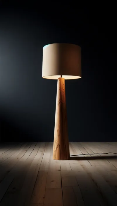 A simple, bold wooden lamp that features a wooden floor lamp base, striking design, and extended height.